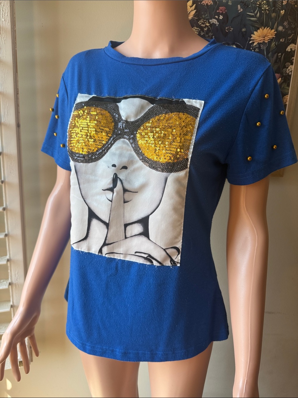 Women's Royal Blue Graphic Tee with Gold Sequin Sunglasses